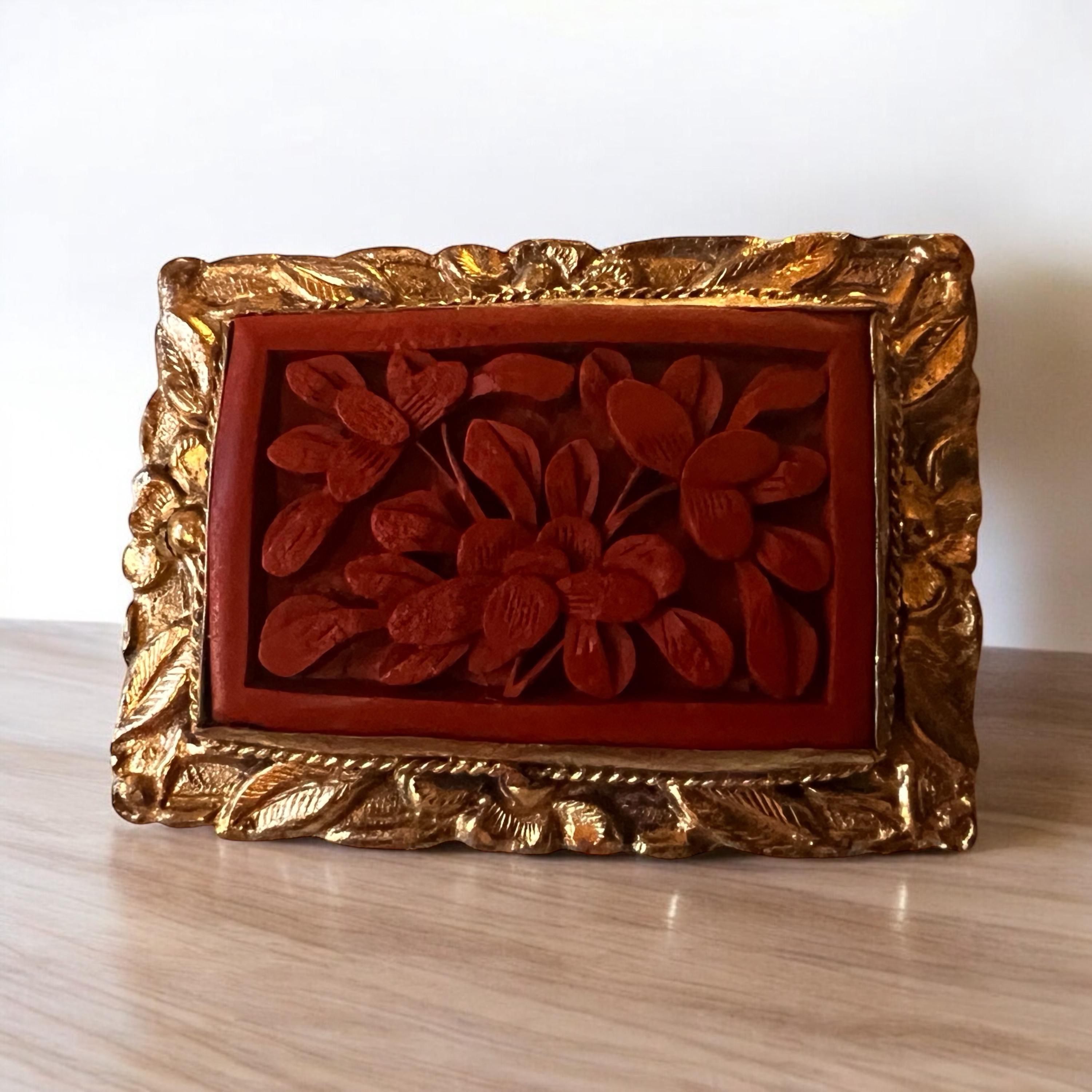 小物 chunen Vintage Red Lacquer Brooch Silver China Carved Lacquer Asian ZZ 21