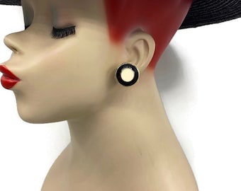 Pendientes pequeños de clip con botón, estilo Art Déco vintage, en blanco y negro, con esmalte, UU19