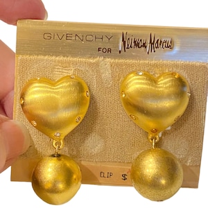 Vintage Givenchy for Neiman Marcus 1980s Brushed Gold Plated Heart with Crystal Clip Earrings NWT CCC28