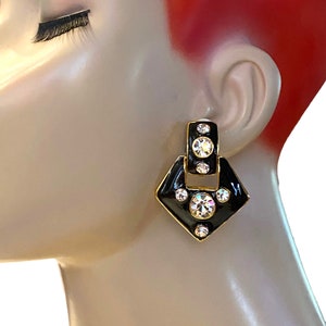 Vintage Black Enamel Sparkling Crystal Triangle Door Knocker Hoop Clip Earrings XX36