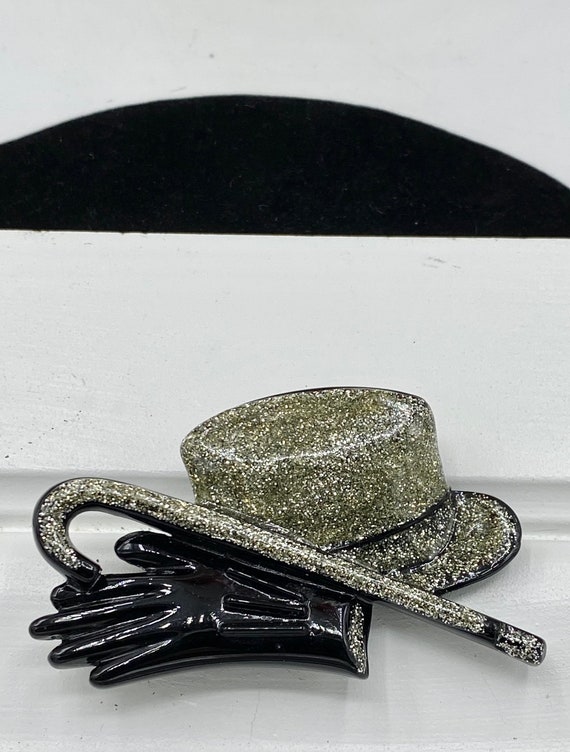 Vintage chapeau haut de forme noir et canne avec gants argent