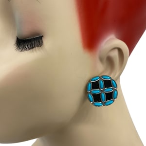 Vintage Signed Blue Turquoise Petit Point Zuni Style Clip Earrings AH20