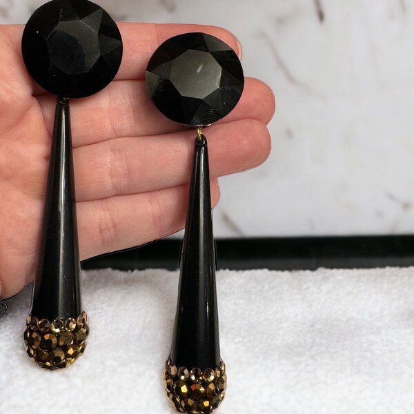 Vintage French Mistar Bijoux Black Long Teardrop Dangle Clip Earrings with Gold Crystals at Tip D22