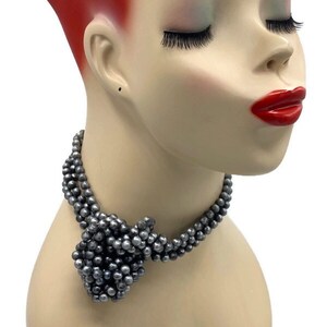 Vintage Multi Strand Dark and Light Silver Gray Bead Torsade Necklace