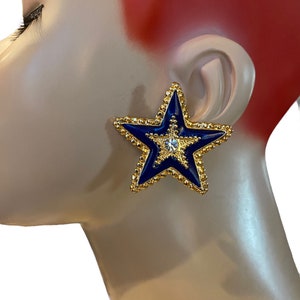 Vintage Chunky Royal Blue Enamel Gold Star Oversized with Crystals Patriotic Clip Earrings 1980s Box3sd2