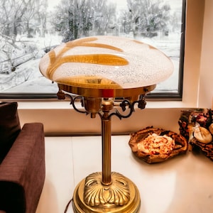 Vtg European (?) Art Glass Mushroom Shade Brass Base Table Lamp Boho Couture Free Continental US Shipping Unique Lamp Lover Gift