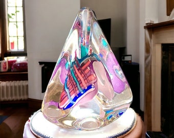VTG Heavy Art Glass Rhea Schmidt Triangular 3D Sculpture Paperweight