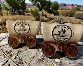 Vintage 1867-1967 1967 Nebraska Land Centennial Salt Pepper Set Conestoga Covered Wagon Klay Kraft Milford Nebraska