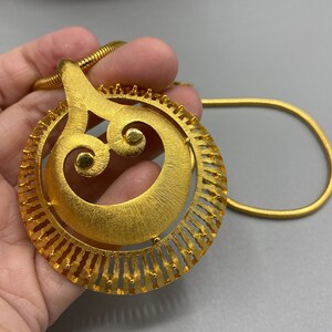 Vintage Statement Modernist Gold Plate Ornamental Scroll Pendant Necklace New Old Stock