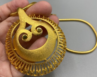 Vintage Statement Modernist Gold Plate Ornamental Scroll Pendant Necklace New Old Stock