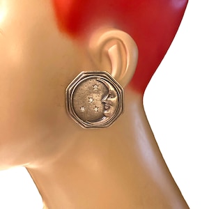Vintage 1980s Pewter Boho Cosmic Star Crescent Moon Crystal Button Dome Clip Earrings LLL26
