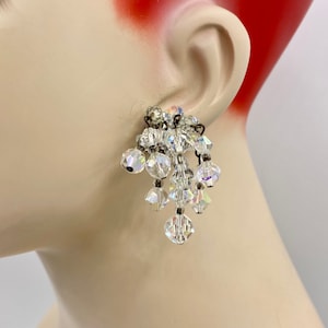 Vintage Brilliant Clear Aurora Borealis Crystal Cluster  Waterfall Clip Earrings C9