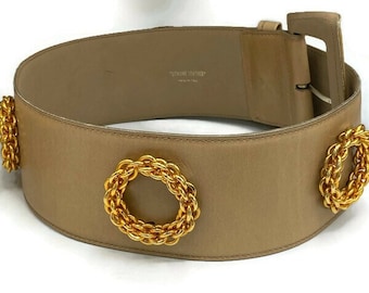 PALOMA PICASSO Italy Neutral Distressed Leather Gold Buckle Logo XL 36 Belt Vintage Paloma Picasso Large Hammered Gold Belt Buckle Brown  main image 2