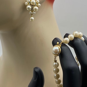 Vintage Gold Plated Faux Pearl  with Crystals Grape Cluster Clip Earrings and Bracelet Set L1