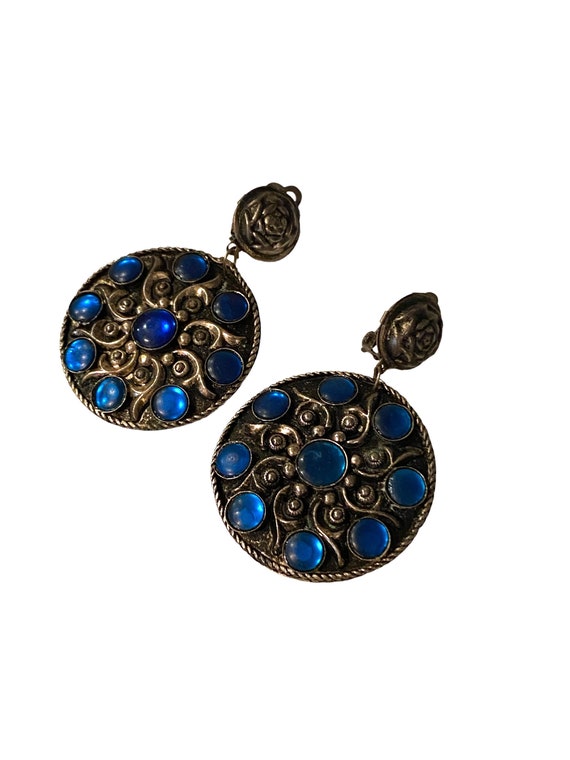 Boucles D'oreilles Clips Vintage Couleur Argent Avec Cabochon Bleu Marine - Légèrement Patinées - Occasion