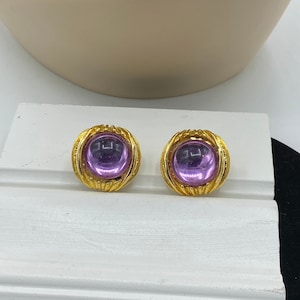 Vintage Chunky Ribbed Gold Plated Large Pink Cabochon Clip Earrings