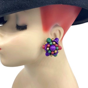 Vintage Colored Bead Sputnik Atomic Age Lucite Button Pierced Earrings F4