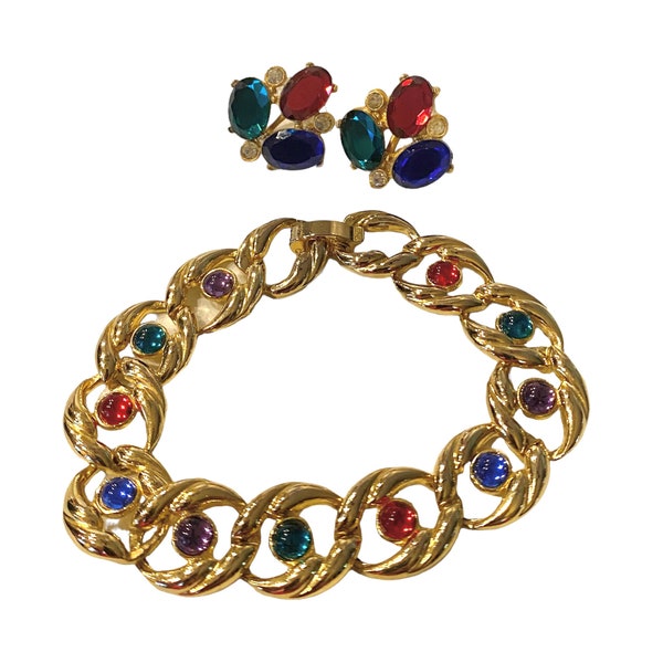 Vintage Fruit Salad Etruscan Style Jewel Tone Gripoix Glass Cabochon Bracelet and Screw Back Earrings EEE26