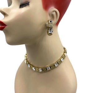 Vintage Les Bernard Gold Plated Inlaid Crystal Choker Necklace & Clip Earrings Cielo AH39
