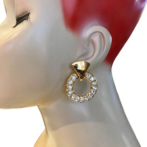 Vintage Oversized Gold Plated Hoops Adorned with Sparkling Swarovski Crystals Clip Earrings AX12