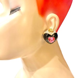 Vintage Yellow Cabochon Black Enamel Inverted Heart Gold Plated Pave Crystal with Pink Heart Clip Earrings DDD30