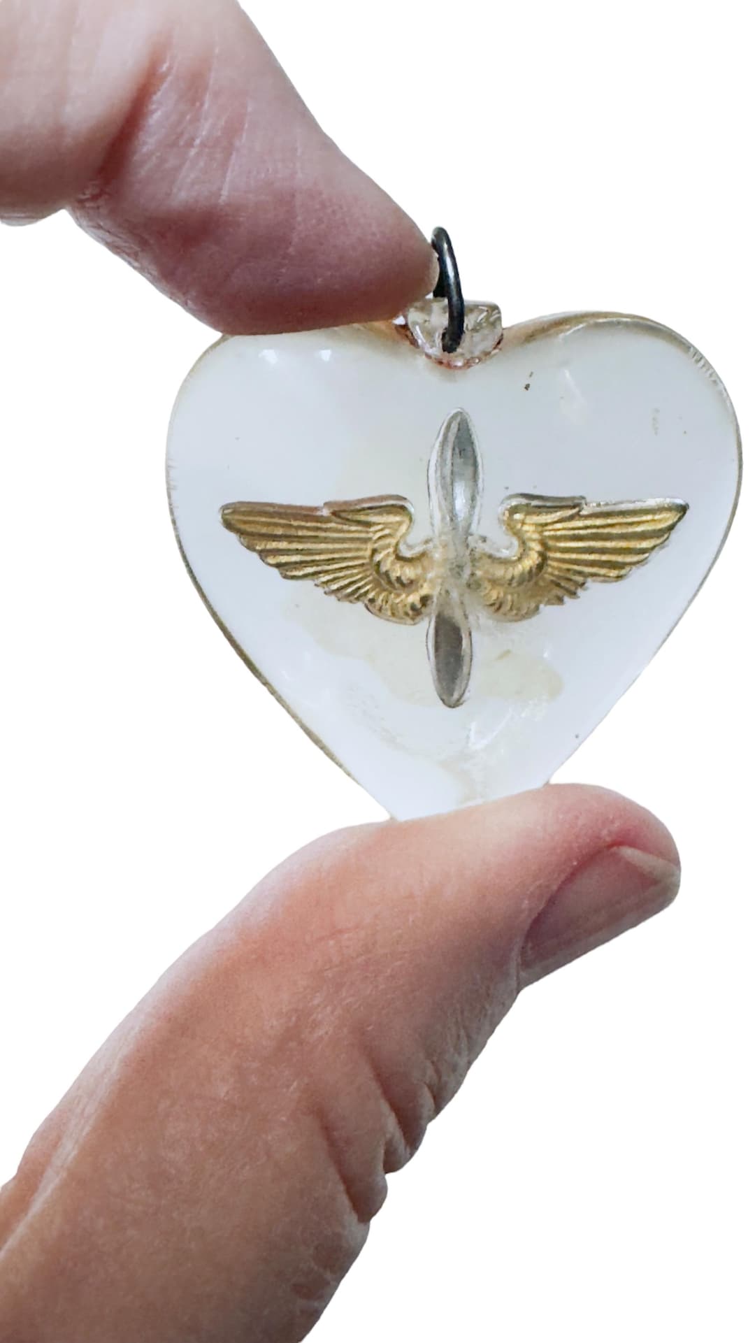 Vintage WWII Era Clear Lucite Heart Pendant With US Army Air Corps