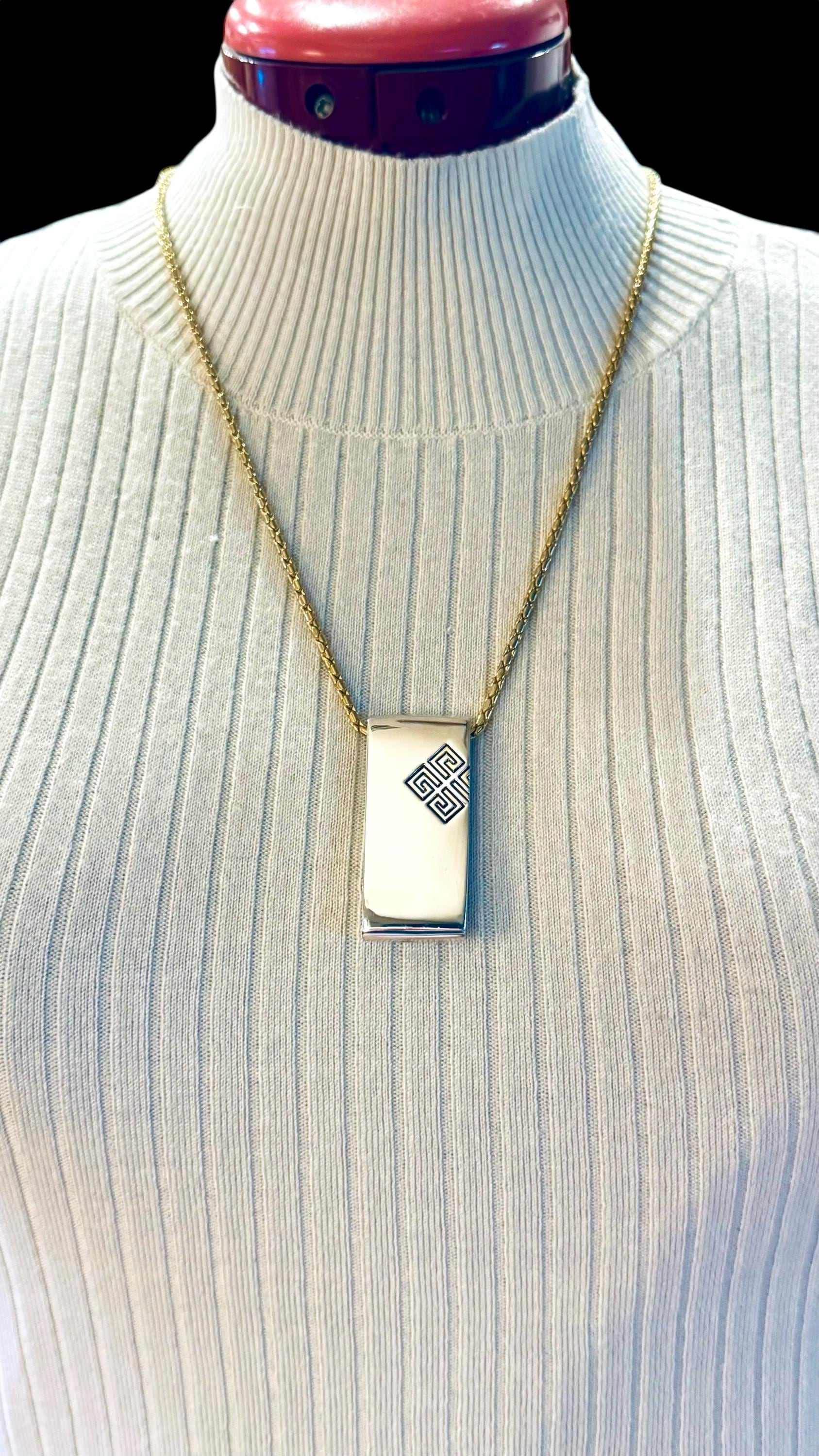 Vtg Givenchy Gold Plated Chain With Silver Rectangular Pendant and