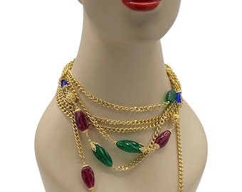 Vintage 70’s 42” Triple Chain with Jewel Moghul Ruby Red Sapphire Blue and Emerald Green Plastic Lucite Bead Flapper or Torsade Necklace BA4