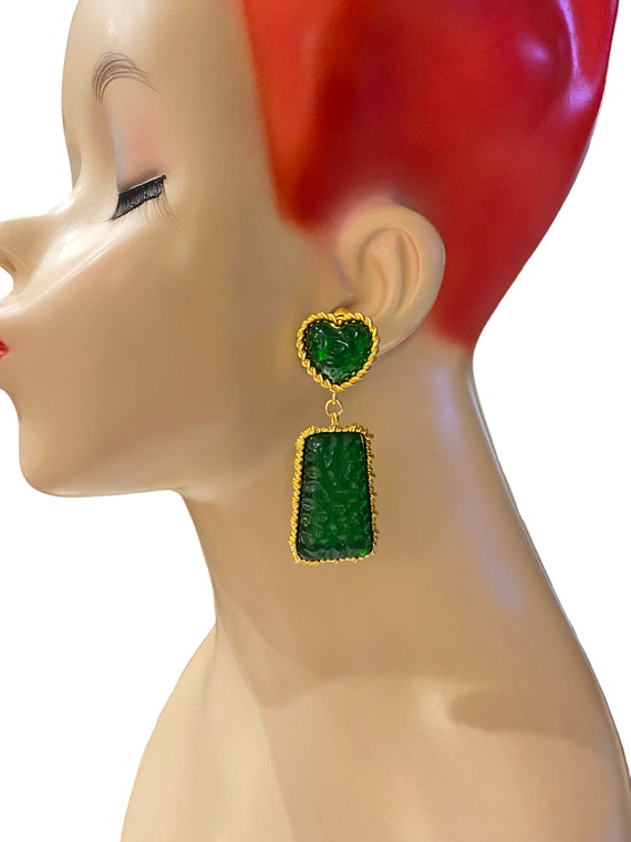 Vintage Dangle Translucent Heart Green Jelly Mold… - image 2