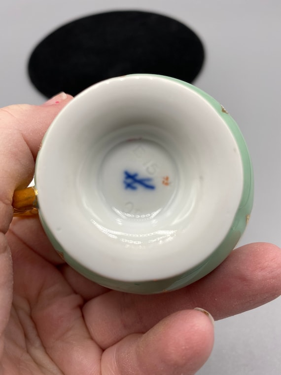 Antique Meissen B Form Porcelain Cup Saucer Set Green Flowers and