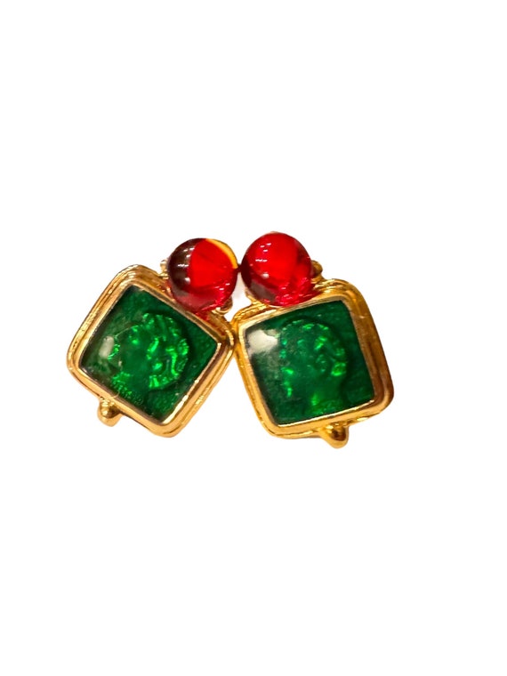 Vintage Green Enamel & Lucite with Red Cabochon G… - image 6