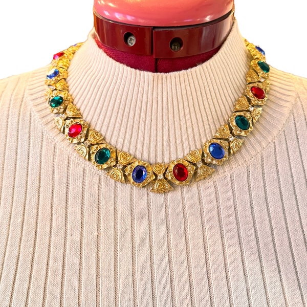 Vintage Etruscan Jeweled Faux Red Ruby, Blue Sapphire and Emerald Green Cabochon  Clear Crystal Fold Over Clasp Necklace Choker Gift CCC38