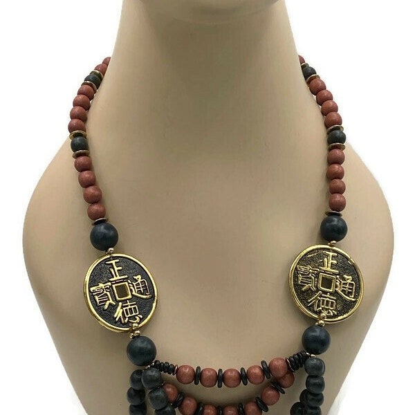 Vintage Asian Coin Tribal Boho Fabulous Wood Bead Festoon Necklace BR12