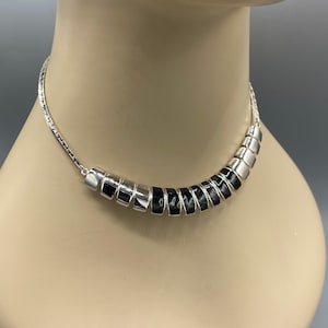 Vintage New Old Stock Silver Plated black Enamel Faux Onyx Modernist Choker Necklace 1970s BB35