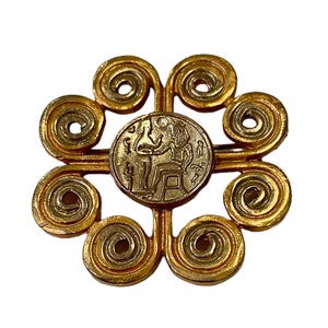 Vintage Craft Pre Colombian look Scroll and Coin Pin Brooch AW32