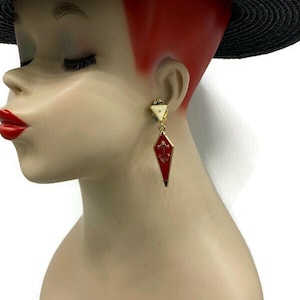 Vintage Red Enamel Sleek Drop Nautical Anchor Sailing Clip Earrings SS32