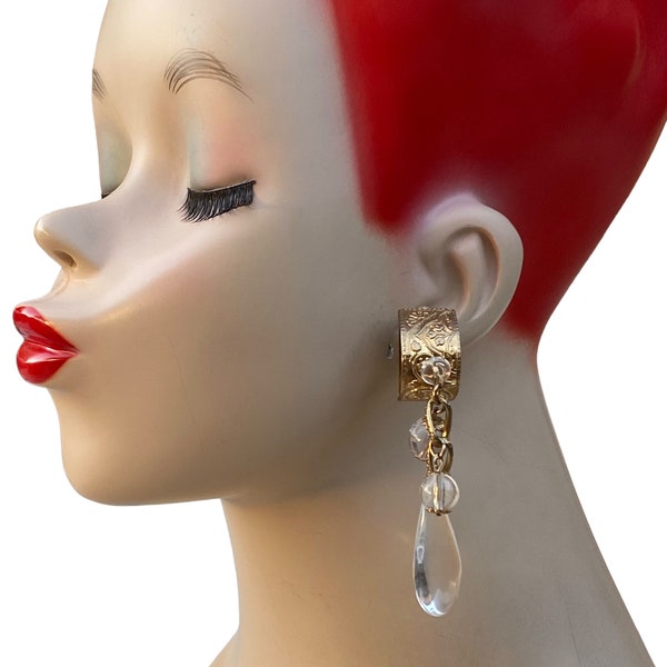 Vintage Runway Statement Boho Gypsy Chic Gold Hoop Lucite Spire Dangle Clip Earrings P8, TT9