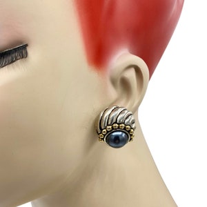 Vtg SJC Silver & Gold Plated Hematite Style Cabochon 1980s Clip Button Earrings AM30