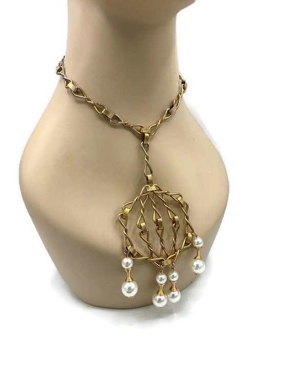 Vintage Gold Plated Twist Link with Pendant Faux … - image 3