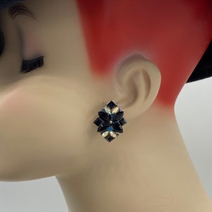 VTg Art Deco Black and Aurora Borealis Crystal Clip EARRINGS