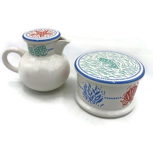 Vintage Dansk China Seascape Creamer Pitcher & Sugar Bowl with Lids Shell Beach Discontinued