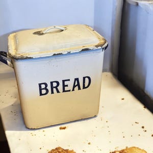 Vintage Extra Tall White Enamelware Bread Box with Cobalt Blue Handles and Lettering & Lid