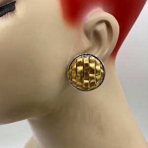 Vintage Oversize Button Gold Plated with Silver Trim Braid Basket Weave Clip Earrings