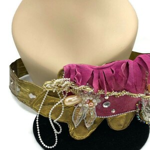 Vintage Artisan Brutalist Brass Belt with Pearl Rhinestone and Pink Leather Fringe