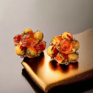 Vintage Hong Kong Colorful Orange Fruit Salad Yellow Lucite Wired Bead Button Clip Earrings