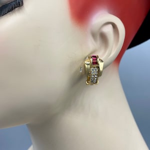 Vintage CHRISTIAN DIOR Gold Plated Ruby Red Clear Crystal Huggie Clip Earrings S3