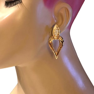 Vtg Marquis Gold & Silver Plated Door Knocker Elongated Hoop Clip Earrings AG3