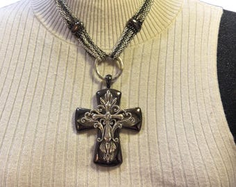 Vintage Silver Plated Black Enamel Modernist Filigree Goth or Dressy Cross Choker Necklace 2000