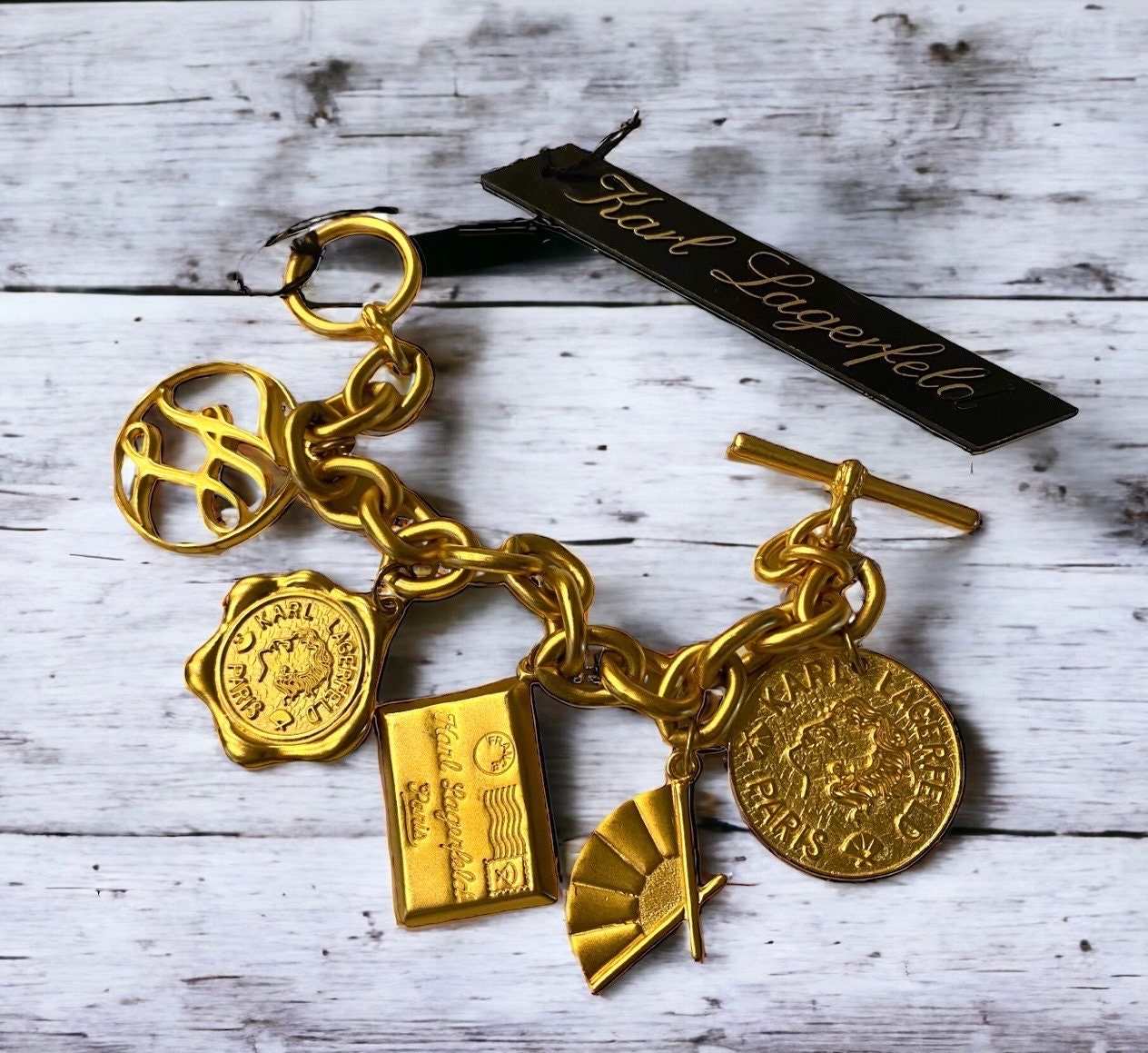 Vtg ICONIC Karl Lagerfeld Baroque Brushed Gold Plated Coin Letter