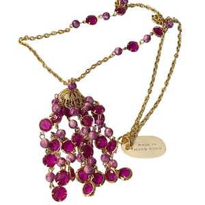 Vintage Mid Century Modern Hong Kong Purple Long Lucite Bead Tassel Necklace NWT EEE22